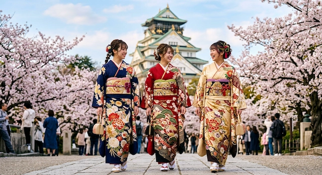 大阪城を歩く振袖姿の女性たち