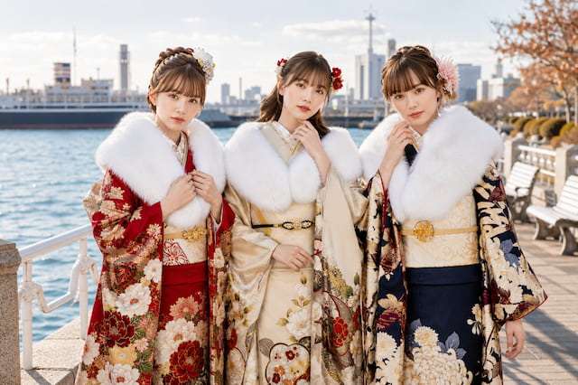 横浜の山下公園を背景に成人式の振袖姿の女子３名