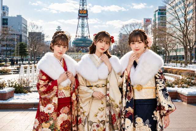 札幌の大通公園を背景に成人式の振袖姿の女性３名
