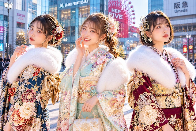 梅田を背景に成人式の振袖レンタルを着た女性たち